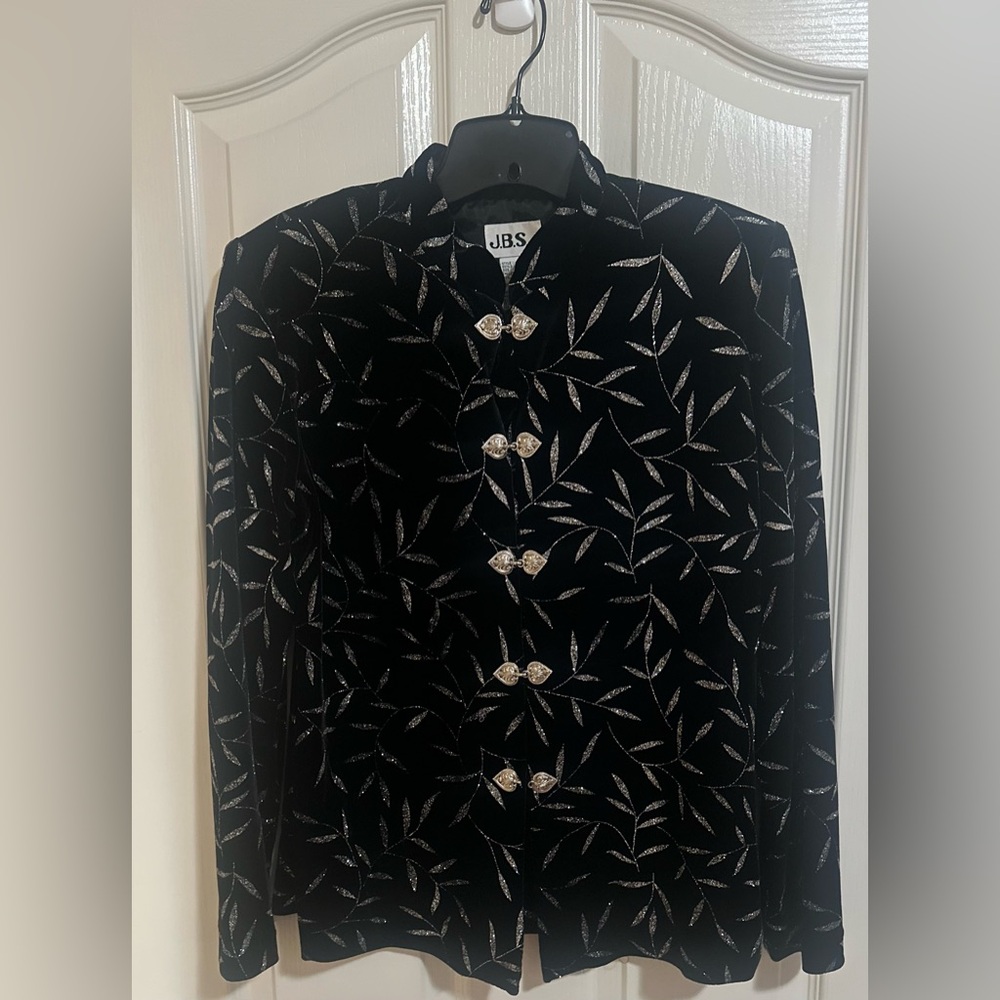 Womens Vintage JBS LTD Velour Black Jacket Mandarin Metal LeafClosure Glitter 12